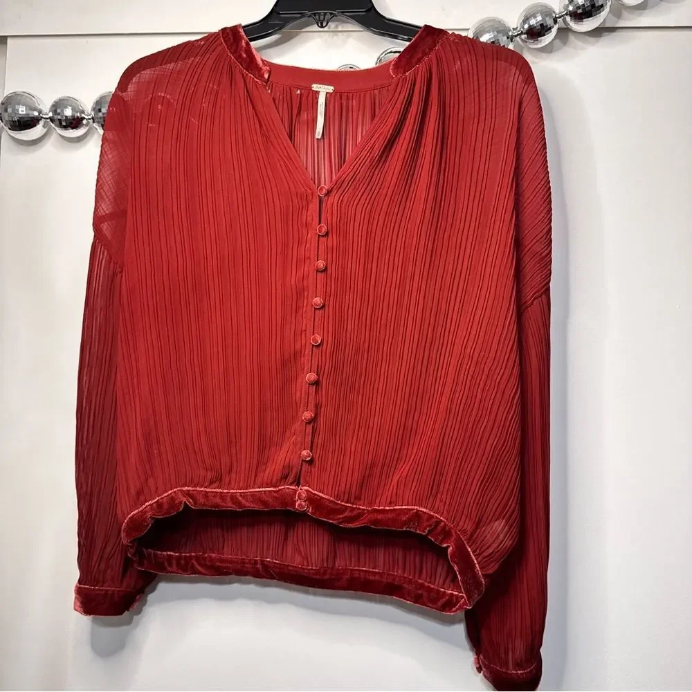 Free People Sheer Peasant Blouse Velvet Brick Red Orange